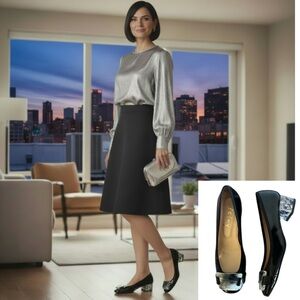 French Sole NY Sonja Morgan Black Jolie patent leather Heels marble heel and toe